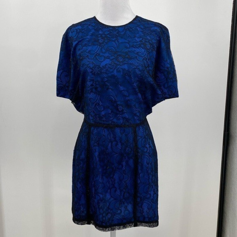 Wren Fit & Flare Dress Womens Size Small Black Blue Floral Lace Open Back Silk